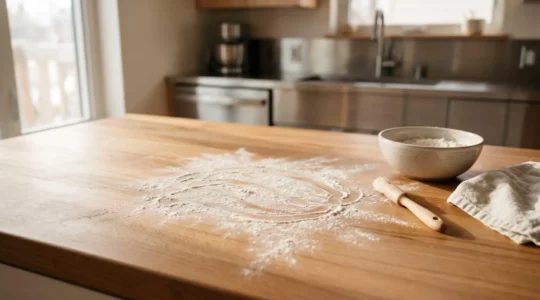 Plan de travail de cuisine en bois avec espace généreux pour étaler une pâte à pizza, vue d'ensemble ergonomique