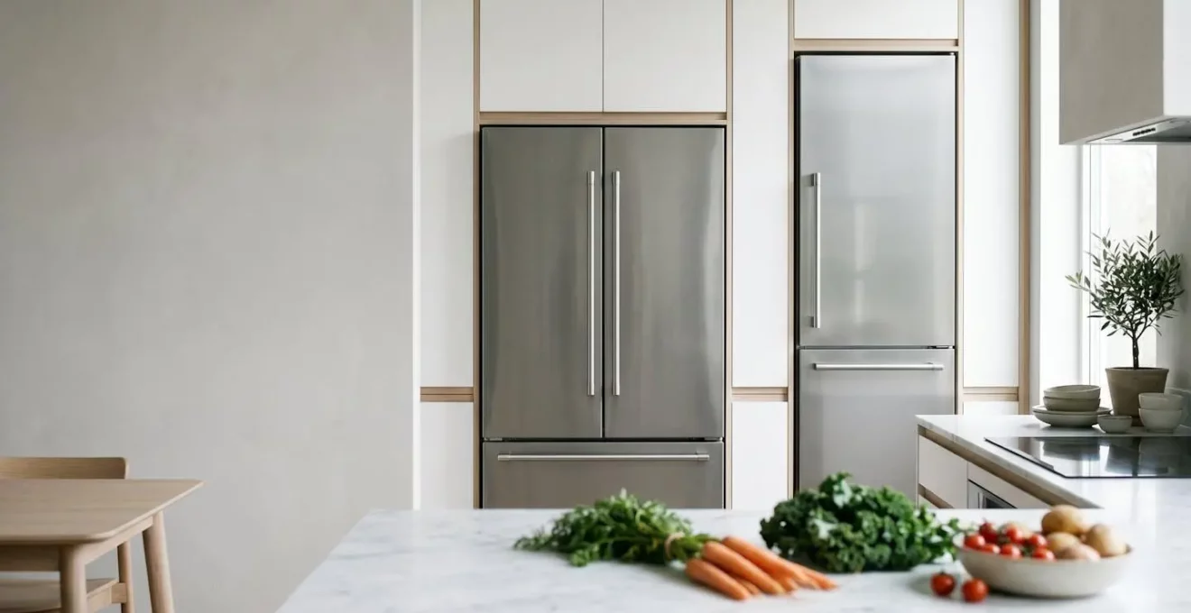 Vue d'ensemble d'une cuisine moderne avec réfrigérateurs de styles différents, mise en scène naturelle et lumineuse