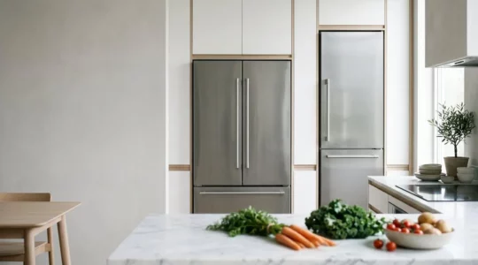 Vue d'ensemble d'une cuisine moderne avec réfrigérateurs de styles différents, mise en scène naturelle et lumineuse