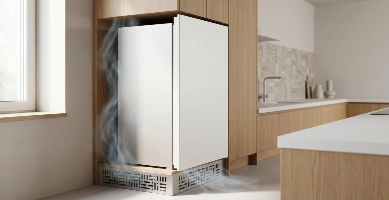 Vue en coupe d'un réfrigérateur encastrable montrant le circuit de ventilation naturelle avec grille de socle et flux d'air
