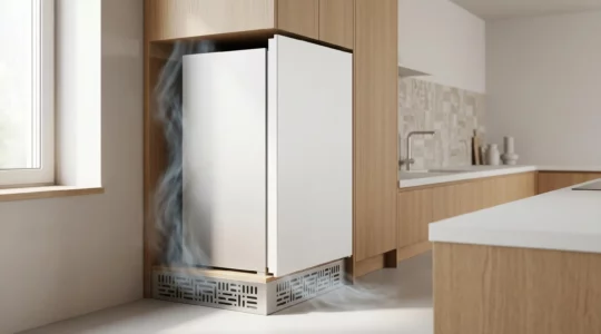 Vue en coupe d'un réfrigérateur encastrable montrant le circuit de ventilation naturelle avec grille de socle et flux d'air