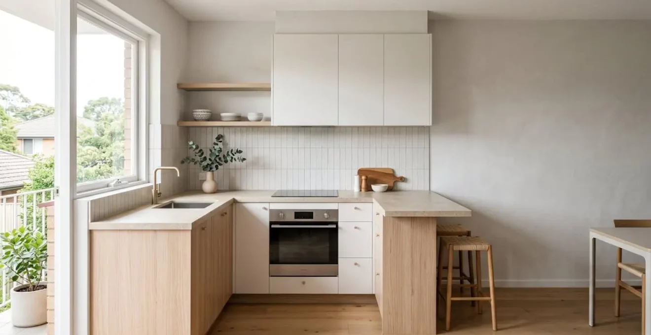 Cuisine moderne rénovée de 12 m² avec aménagement optimisé et finitions contemporaines