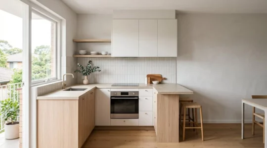 Cuisine moderne rénovée de 12 m² avec aménagement optimisé et finitions contemporaines