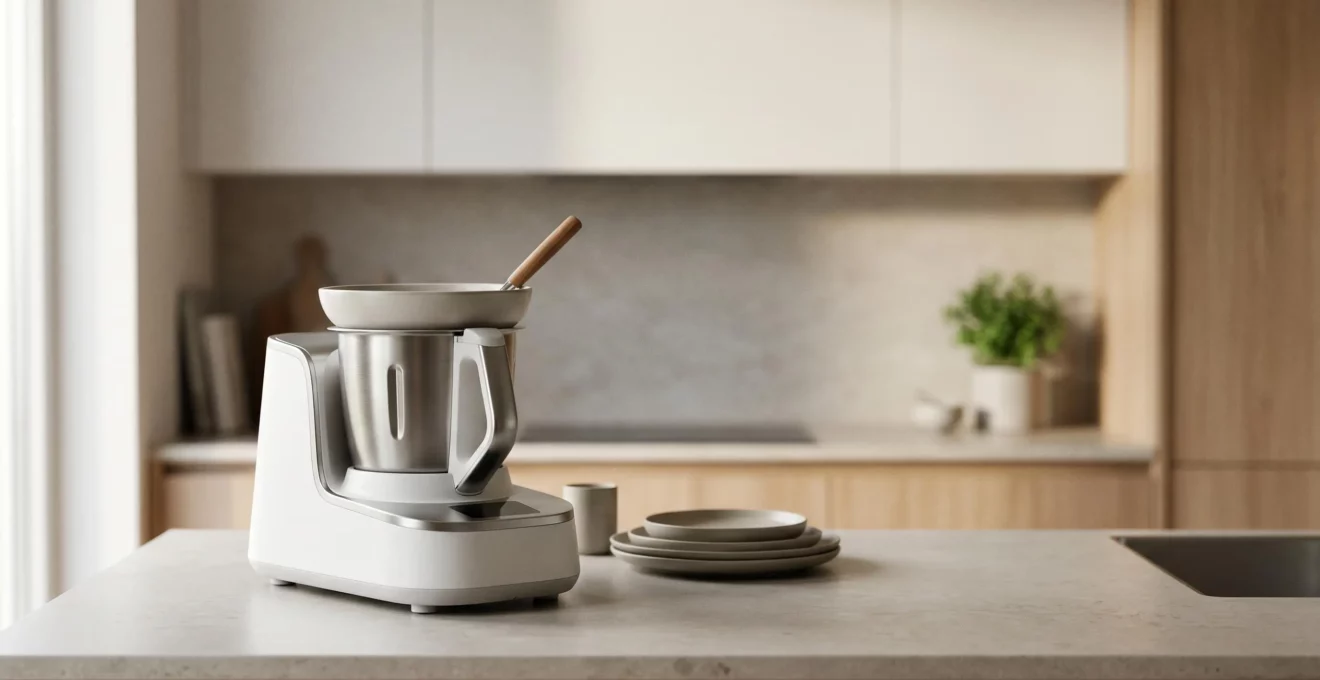 Robot cuiseur multifonction haut de gamme dans une cuisine moderne avec éléments connectés