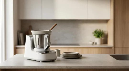 Robot cuiseur multifonction haut de gamme dans une cuisine moderne avec éléments connectés