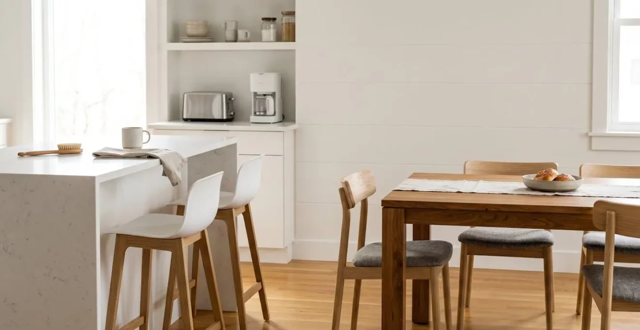 Cuisine moderne avec table haute et table basse, aménagement optimisé pour petit-déjeuner rapide en semaine
