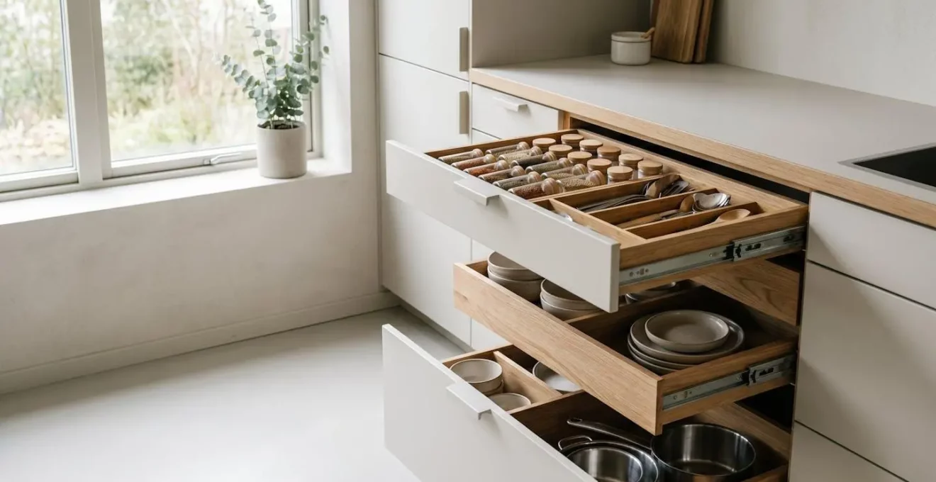 Tiroirs coulissants de cuisine ouverts montrant un rangement optimisé avec casseroles et ustensiles organisés