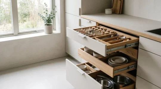 Tiroirs coulissants de cuisine ouverts montrant un rangement optimisé avec casseroles et ustensiles organisés